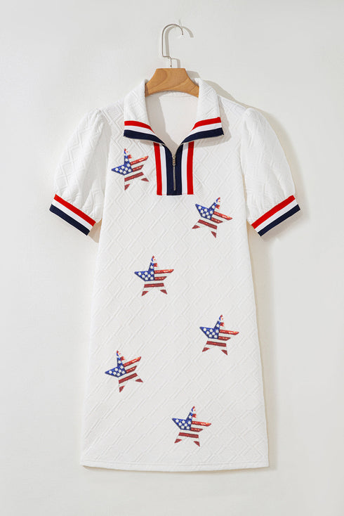 Patriotic Flag Sequin Star Applique Textured Zip Neck Polo Dress